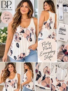 BP Nordstrom Size Large Floral Racerback Tank Top Ivory Blush NWT